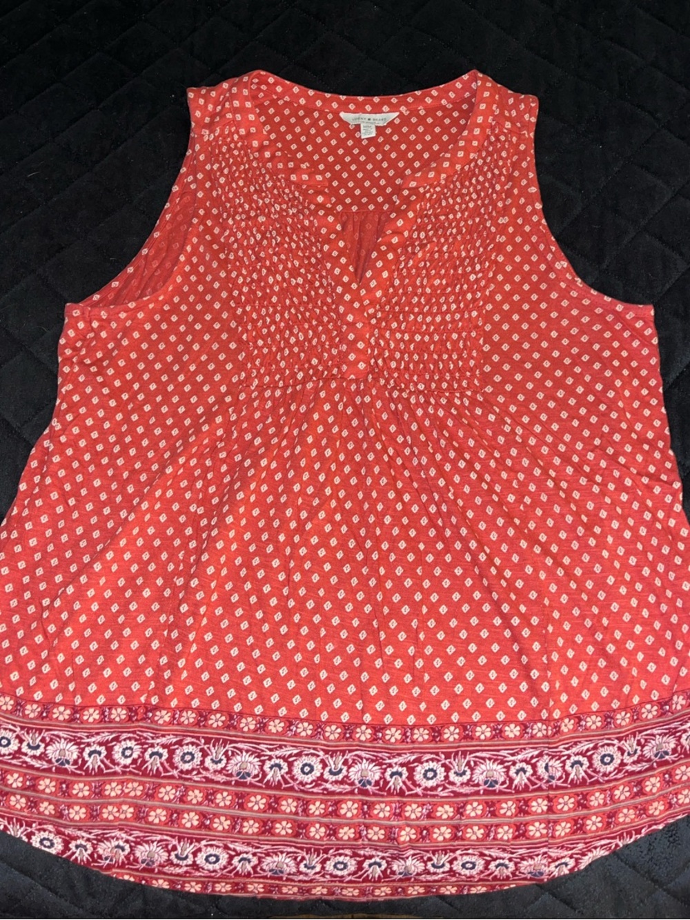 Lucky Brand Red Printed Sleeveless Smocked Yoke Tank